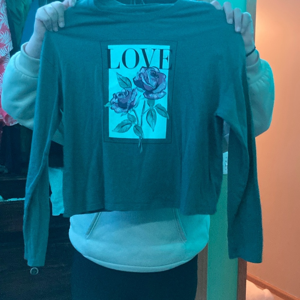 Green Long Sleeve Kids Tee with Floral Print